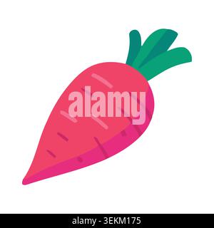 Vibrant pink beetroot with green leaves in a simple, flat vector illustration style. Ideal for food packaging, branding, and editorial use, representi Stock Vector