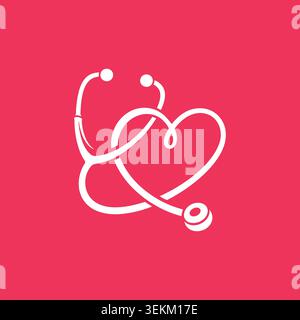 Minimalist white line art illustration of a stethoscope forming a heart shape on a solid pink background. Ideal for medical and healthcare designs, gr Stock Vector