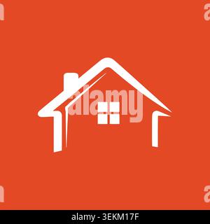Minimalist white house icon with chimney and window in simple line art style on solid orange background, ideal for real estate, architecture, and cons Stock Vector