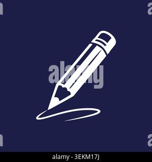 Flat vector illustration of a white pencil on a dark blue background, creating a simple line drawing effect. Suitable for design, editorial, and educa Stock Vector
