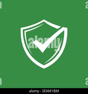A white shield icon with a checkmark in a clean, flat vector style, symbolizing security and protection for digital interfaces, software, and marketin Stock Vector