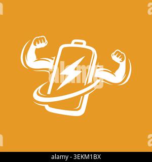 A bold white vector battery icon with flexed arms on orange, symbolizing energy and power for tech and energy branding, icons, and infographics, conve Stock Vector
