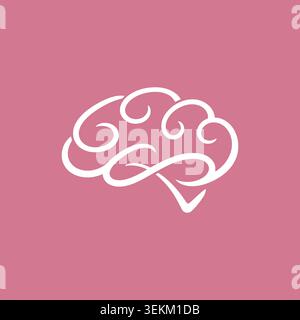 Simple white line art brain illustration on a solid pink background, ideal for mental health and wellness campaigns, educational materials, and websit Stock Vector