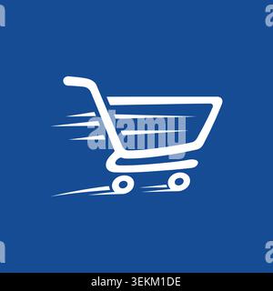 A white shopping cart icon in modern flat vector style, depicted in motion on blue background, ideal for e-commerce website design, retail branding, d Stock Vector