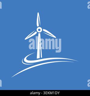 A minimalist white wind turbine icon on blue background, symbolizing eco-friendliness and sustainability. Ideal for renewable energy websites, eco-con Stock Vector