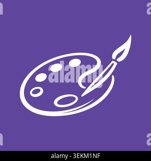 Minimalist line art icon of a white paintbrush and palette on a solid purple background, ideal for art, design projects, creative branding, education, Stock Vector
