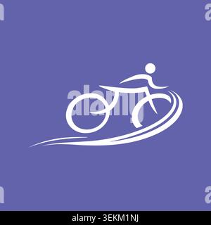 Minimalist white line art cyclist icon on purple, conveying speed and dynamism. Ideal for sports, fitness branding, and editorial use, symbolizing a h Stock Vector