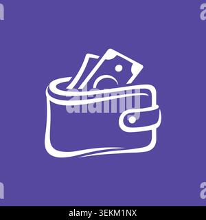 Flat vector illustration of a wallet with protruding money, depicted in simple white lines on a purple background, ideal for finance, banking, and com Stock Vector