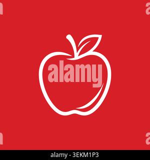 Minimalist white apple icon on a solid red background in clean line art style. Ideal for logo design, food branding, health marketing, nutrition label Stock Vector