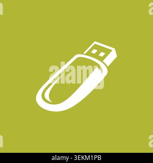 A simple white USB flash drive icon on a green background, created in a flat vector style. Suitable for use in computer and technology-related designs Stock Vector