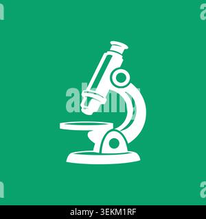 Flat white microscope icon on solid green background, simple line art style for educational materials, science presentations, and lab equipment illust Stock Vector