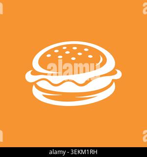 Flat vector hamburger icon on orange background, simple white lines and dots forming a stylized burger for food branding, packaging, advertising, and Stock Vector