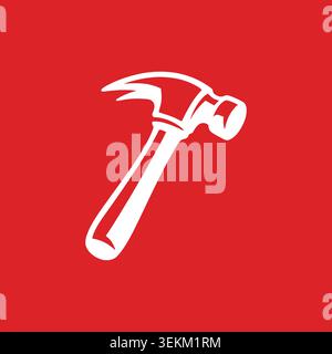 A white silhouette of a hammer on a solid red background, a simple and bold graphic design element ideal for DIY or construction themes, suitable for Stock Vector