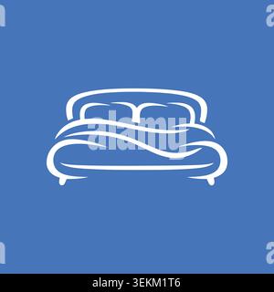 Minimalist white line art illustration of a bed with a simple headboard and two pillows, ideal for interior design projects, hospitality branding, and Stock Vector