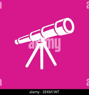 A simple white flat vector telescope icon on a tripod, set against a solid hot pink background, ideal for educational materials, astronomy websites, a Stock Vector