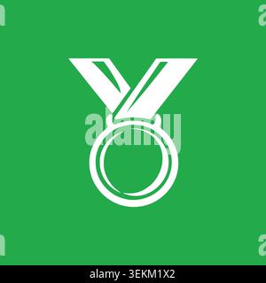 A simple white medal icon with a ribbon on a green background, created in clean flat vector style. Suitable for award certificates, achievement symbol Stock Vector