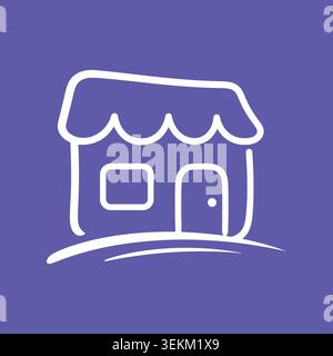 Simple white line art house icon on purple background with door and window. Ideal for web design, mobile app, digital interface, and graphic design pr Stock Vector