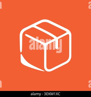 Modern minimalist line art style featuring a simple white outline of a box on a solid orange background, ideal for packaging design and branding, show Stock Vector
