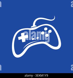 A white line art illustration of a video game controller on a solid blue background, featuring a simple and modern design with a cross on the left and Stock Vector