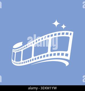 Flat vector illustration of a white film strip icon on blue background, ideal for movie and video production branding, advertising, and entertainment Stock Vector