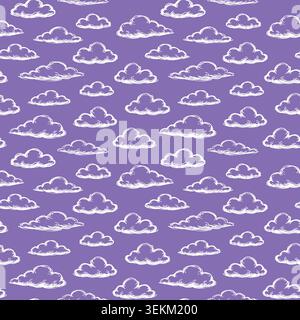 Allover repeat pattern of white cartoon-style clouds on a solid purple background, ideal for textile print, fabric design, and wrapping paper. The ill Stock Vector
