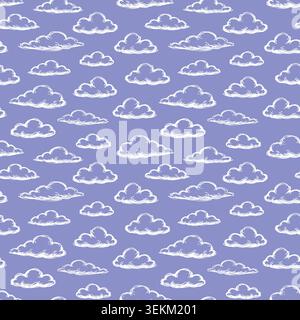 Allover repeat pattern of white cartoon-style clouds on a solid purple background. Ideal for textile print, fabric design, wrapping paper, and baby pr Stock Vector