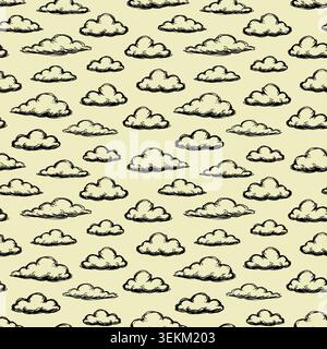 Hand drawn doodle cloud seamless repeat pattern on pale yellow background. Ideal for textile print, fabric design, wrapping paper with scattered cloud Stock Vector