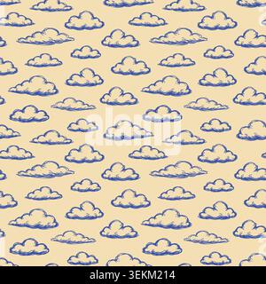 Hand-drawn blue cloud illustrations on beige background in line art style. Seamless repeat pattern for textile print, fabric design, wallpaper, statio Stock Vector