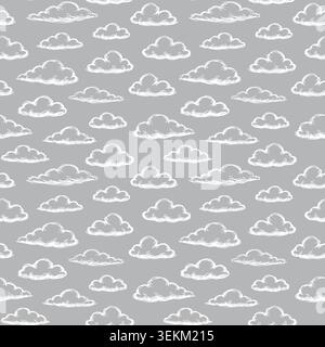 Playful, hand-drawn white cartoon clouds on light gray background. Seamless repeat pattern ideal for textile prints, fabric design, wrapping paper, an Stock Vector