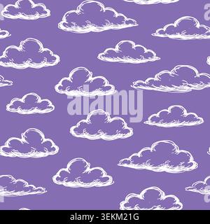 Vibrant purple background with scattered white cloud illustrations in a playful, hand-drawn style. Ideal for textile prints, wrapping paper, and surfa Stock Vector