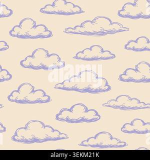 Soft peach background with scattered blue cloud illustrations in a hand-drawn doodle style. Seamless repeat pattern ideal for textile prints, wrapping Stock Vector