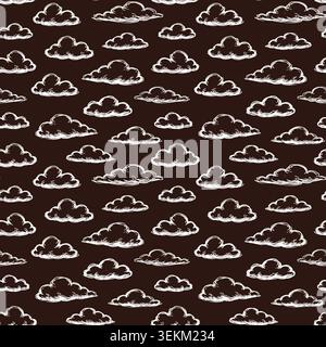 Brown background with a seamless repeat pattern of white cartoon-style clouds in various sizes and shapes. Playful and whimsical design ideal for fabr Stock Vector