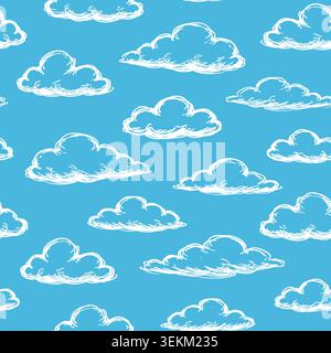 Hand-drawn line art illustration of tossed white clouds on blue background. Seamless repeat pattern suitable for textile print, fabric design, wrappin Stock Vector