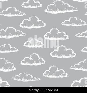 This illustration features a seamless repeat pattern of white cartoon-style clouds on a gray background. The loose, hand-drawn style gives a playful f Stock Vector