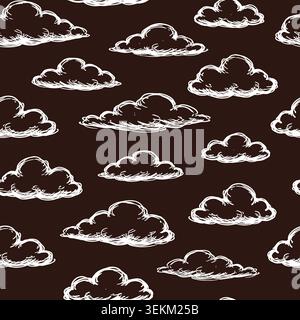 Hand drawn line art clouds in a tossed repeat pattern on a brown background create a whimsical design perfect for textile prints, wrapping paper, and Stock Vector
