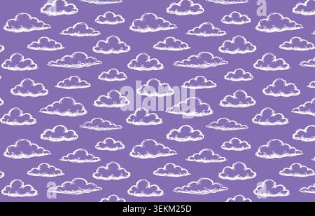 This illustration features a seamless repeat pattern of white cartoon clouds on a solid purple background, ideal for textile print, fabric design, and Stock Vector