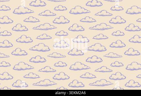 Soft peach background with scattered blue cloud illustrations in a hand drawn doodle style. This seamless repeat pattern is perfect for textile prints Stock Vector