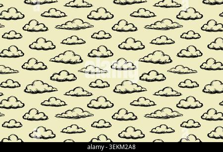 Hand drawn cloud seamless repeat pattern in simple line art style on pale yellow background. Ideal for textile print, fabric design, wrapping paper, a Stock Vector