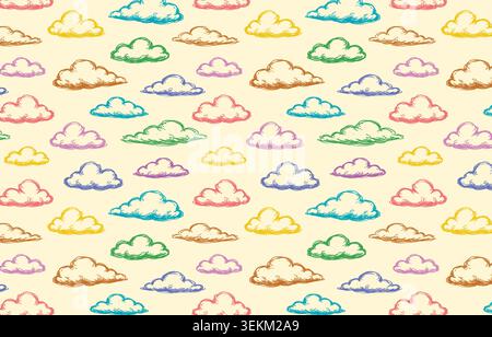 Vibrant hand-drawn doodle cloud pattern on cream background. Seamless repeat design in pastel colors, perfect for textile prints, fabric, wrapping pap Stock Vector