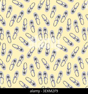 Simple line art T-strap sandals in a scattered seamless repeat pattern on a pale yellow background. Ideal for textile print, fabric design, wrapping p Stock Vector