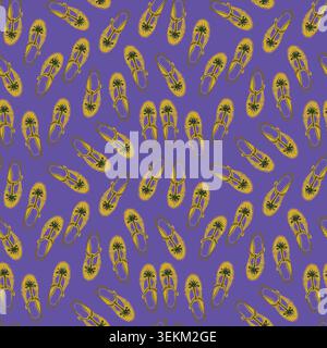 Vibrant purple background with a tossed repeat pattern of yellow flip-flop sandals, each featuring a black flower-like design on the toe strap, in a p Stock Vector