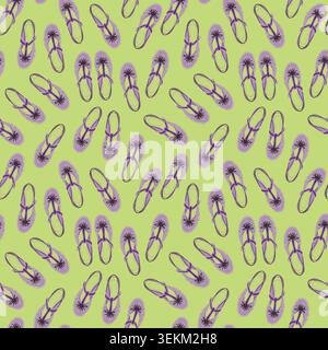 Hand-drawn line art illustration of purple T-strap sandals in a playful, tossed repeat pattern on light green. Ideal for textile prints, fabric design Stock Vector