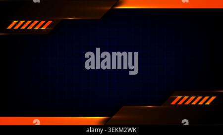futuristic dark blue grid background features glowing orange neon stripes and a sleek metallic frame to boost visual tech Stock Vector