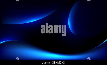 Abstract dark background featuring glowing neon blue fluid curves and sleek gradient waves on a deep black backdrop for modern tech and futuristic dig Stock Vector