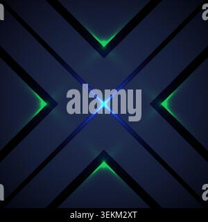 modern abstract background a dark futuristic X pattern with glowing blue and green neon light lines for gaming wallpaper web backdrop Stock Vector