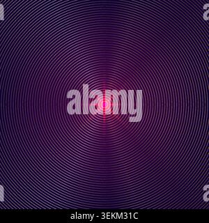 Abstract golden concentric circles expanding from a glowing pink starburst center on dark purple background for luxury cosmic tech design Stock Vector