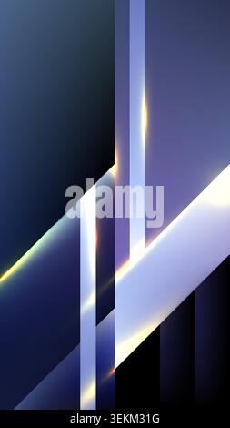 Abstract modern tech presentations showcases sharp overlapping geometric layers in dark blue and purple tones illuminated by glowing golden neon light Stock Vector