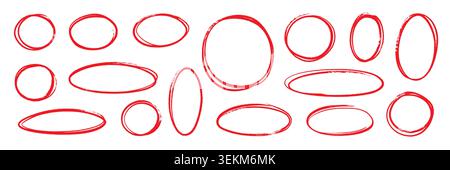 Hand drawn red line brush oval set. Hand drawn line brush pencil oval red color doodle marker chalk pen. Round circle underline frame check sign bubble texture background. Vector illustration Stock Vector