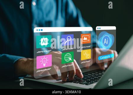 Database uses ai smart automation and artificial intelligence to improve human business efficiency for future machine learning, data analysis through Stock Photo