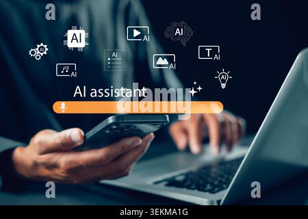 User interacts with virtual ai assistant interface on mobile or laptop for smart technology productivity, managing work using voice or text or image o Stock Photo